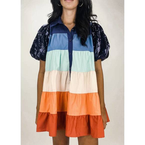 QUEEN OF SPARKLES Dresses & Skirts - NEW QUEEN OF SPARKLES tiered sequin sleeve dress in navy multi